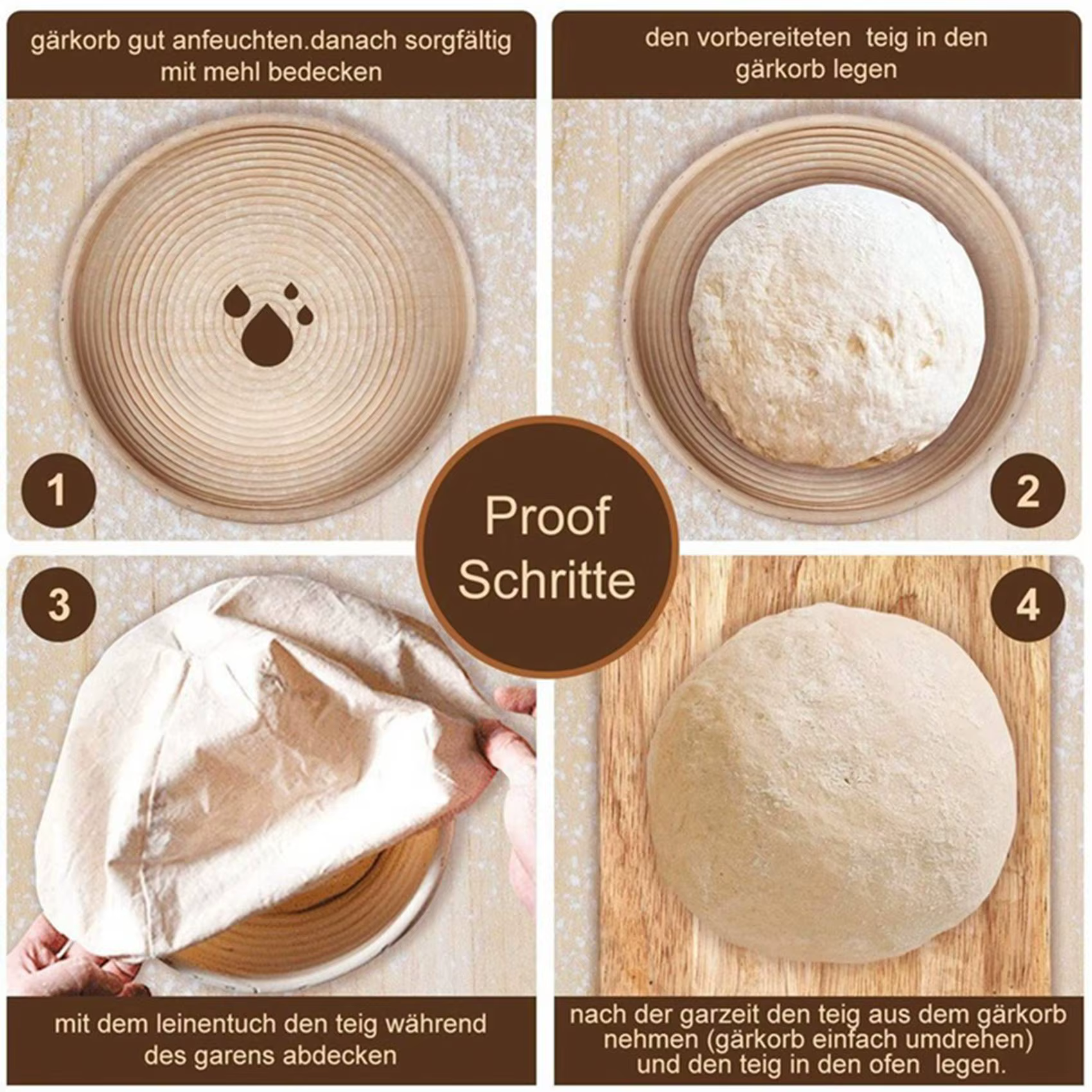 Ensemble rond, 4 paniers à levure pour pain et pâte à pain, panier d'épreuve Banneton avec Inserts e