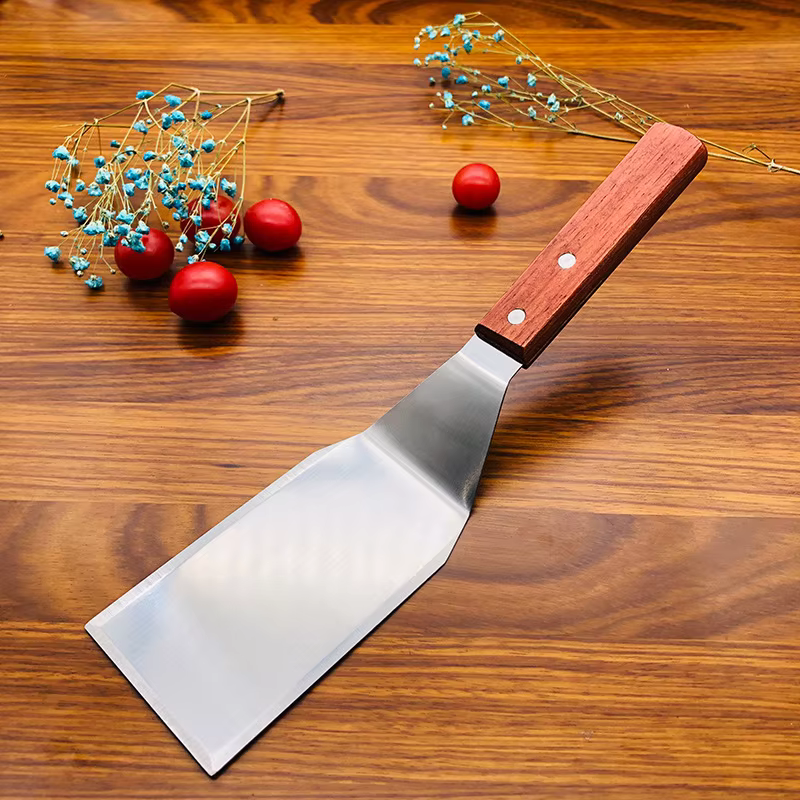 Spatule de cuisson à Steak à tête carrée en acier inoxydable, manche en bois, pelle à Pizza, crêpes,