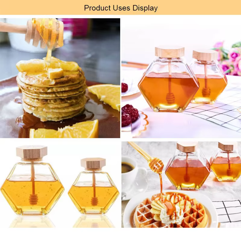 Bouteille de miel en verre hexagonale avec pot en bois