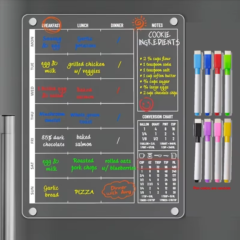 Planificateur de repas magnétique 3-en-1 en acrylique pour réfrigérateur - Tableau de menu effaçable à sec transparent