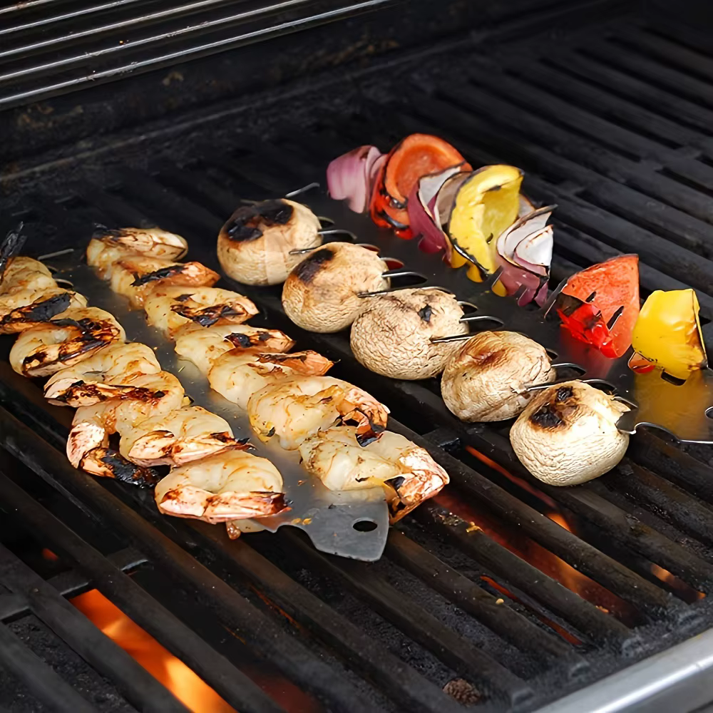 2 brochettes de barbecue en acier inoxydable - Forme d'arête de poisson - Parfaites pour griller du bœuf