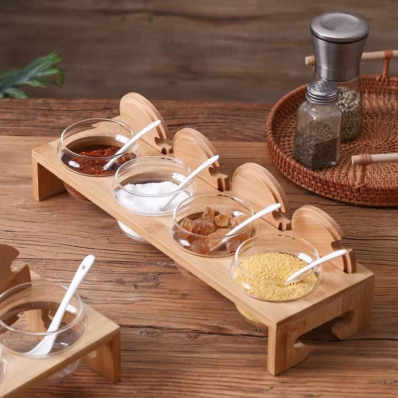 Ensemble de pots à épices en verre hermétique de 6 pièces avec support organisateur en bois