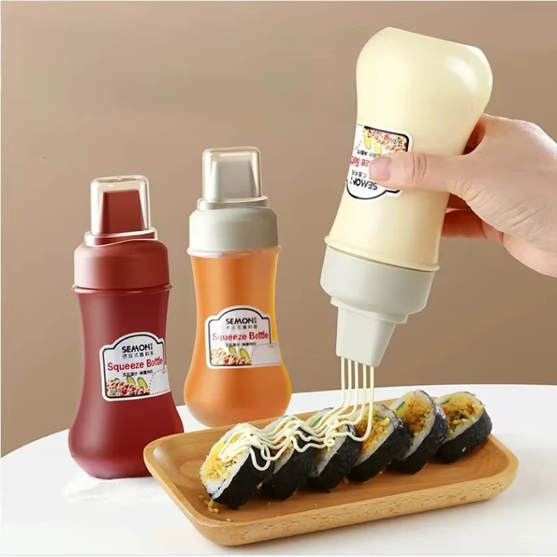 Bouteilles à condiments transparentes à 5 trous avec buses pour mayonnaise