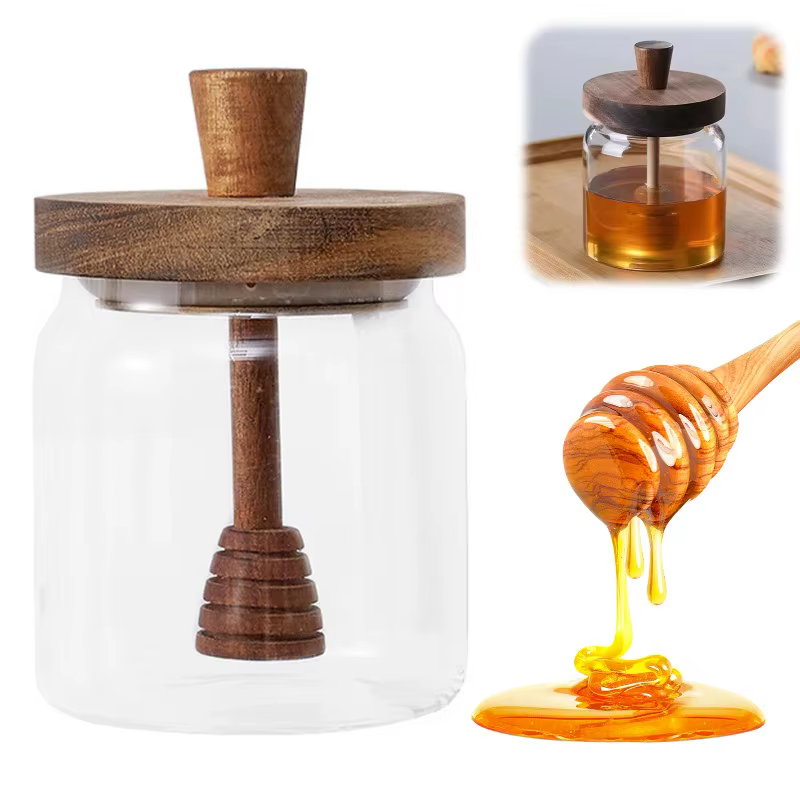 Bouteilles de stockage en verre à large ouverture avec cuillère et couvercle - Pots à miel et distributeurs de sirop