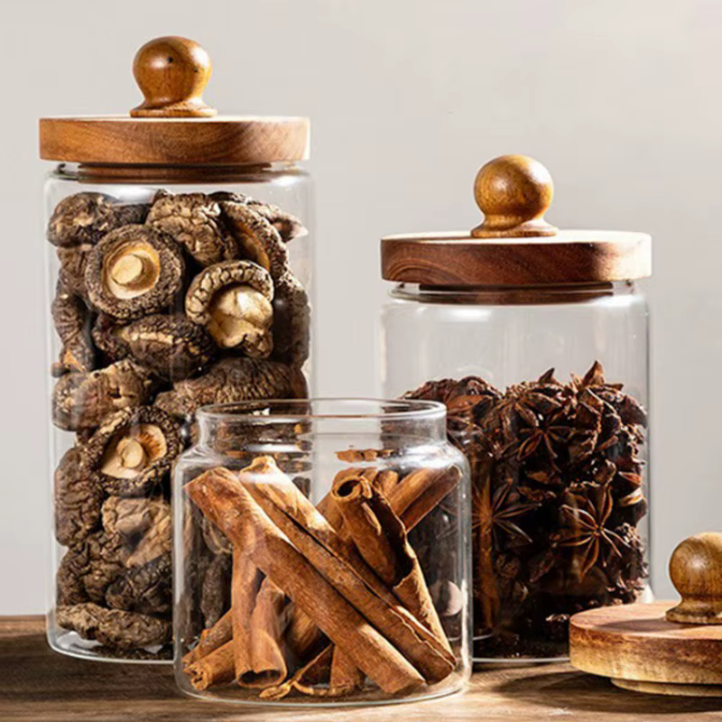 Pot de stockage des aliments en verre avec couvercle en bois