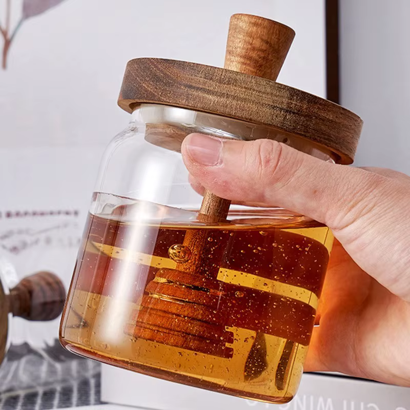 Pot à miel en verre borosilicate de haute qualité avec couvercle en bois massif et bâtonnet mélangeur – Pot de conservation élégant et durable pour confiture et aliments