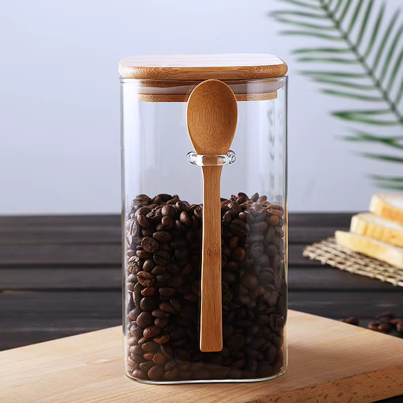 Pot de stockage scellé en verre carré de style japonais avec cuillère en bois
