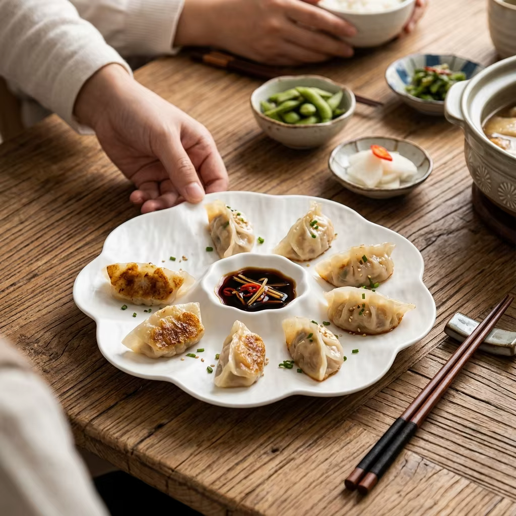 Plateau à dumplings japonais en plastique avec coupelle à sauce