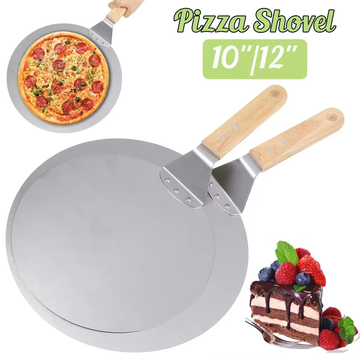Pelle à Pizza 10/12 pouces, outils de pâtisserie, manche en bois en acier inoxydable, poêle ronde Anti-brûlure, ustensiles de cuisson