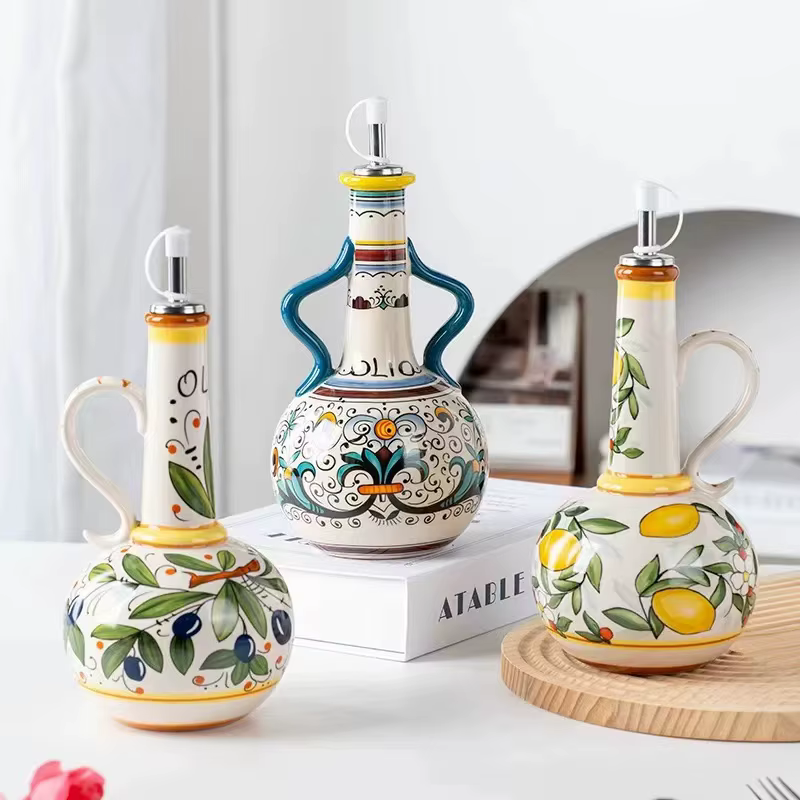 Distributeur d'huile d'olive sans BPA sous glaçure en céramique gaufrée