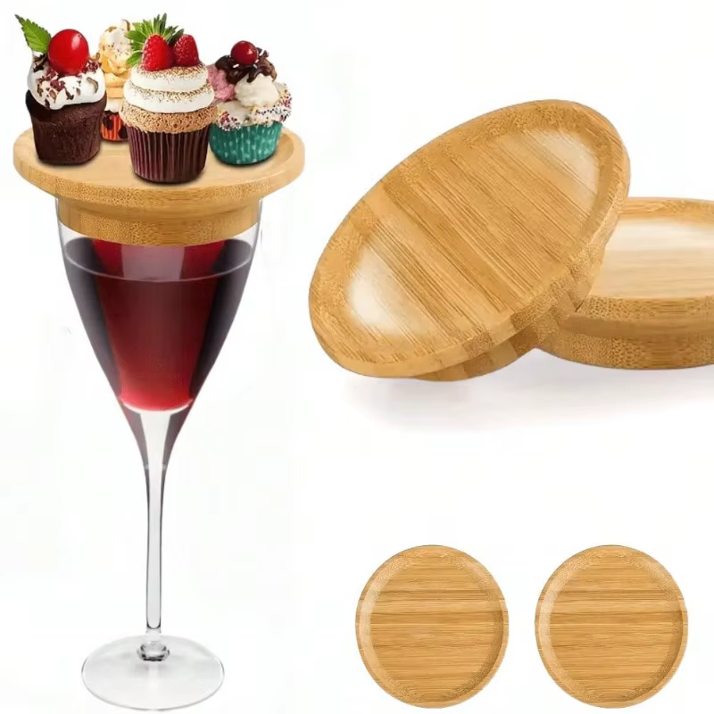 Ensemble de planches de charcuterie en bambou écologiques avec assiettes rondes d'apéritif et sous-verres en verre à vin