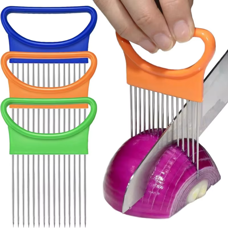 1/2/3/4 pièces tranche d'oignons sans effort avec ce 1 pièce trancheuse d'oignon colorée cuisine porte-oignon de pommes de terre en acier inoxydable
