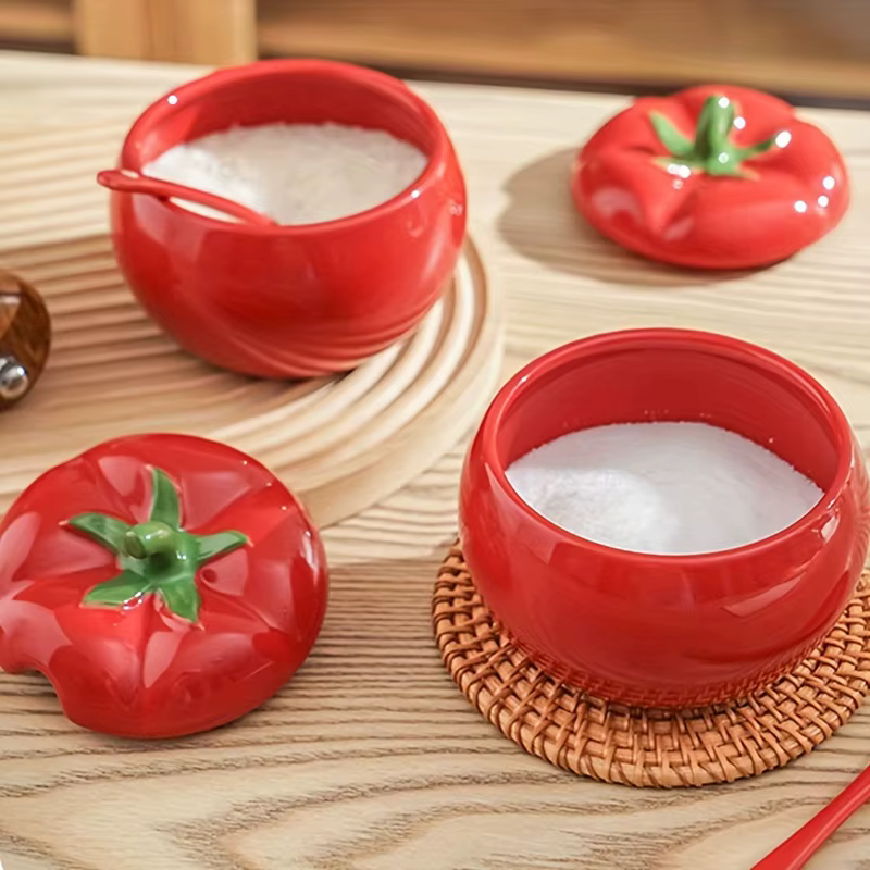 Sucrier tomate pot à épices en céramique pot de stockage avec cuillère cuisine Table à manger récipient d'assaisonnement noël maison décorative