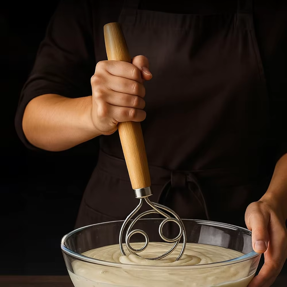 Fouet à pâte en acier inoxydable 304 avec manche en bois lisse