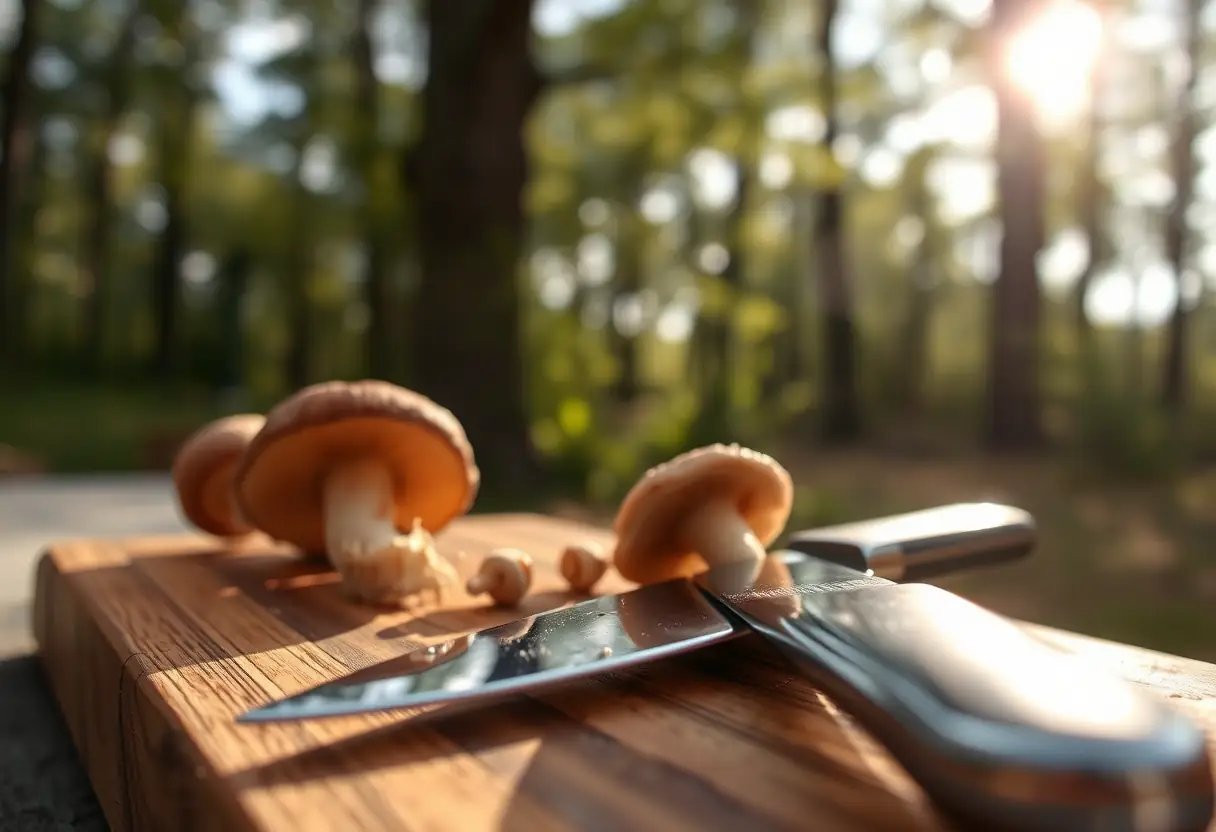 Couteau à champignons sur planche en bois dans la lumière du crépuscule