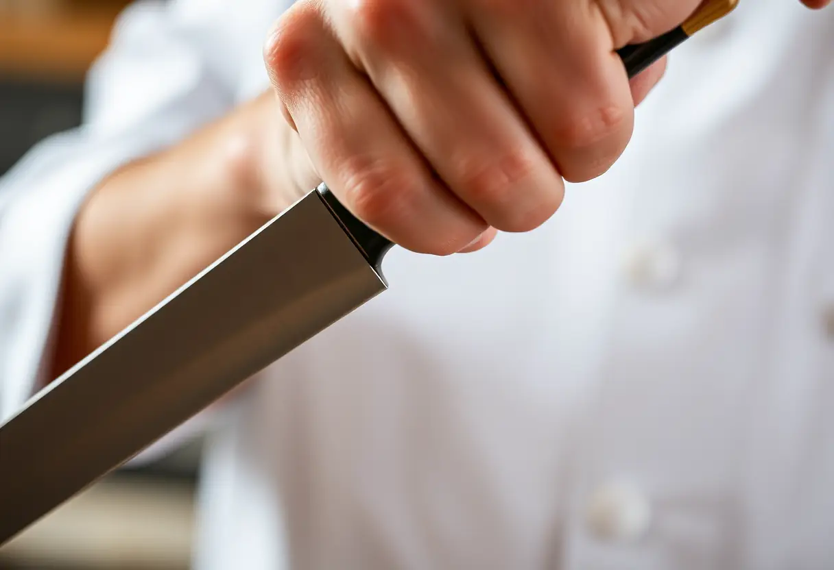 Prise en main d'un couteau par une main dominante, adaptée à sa forme