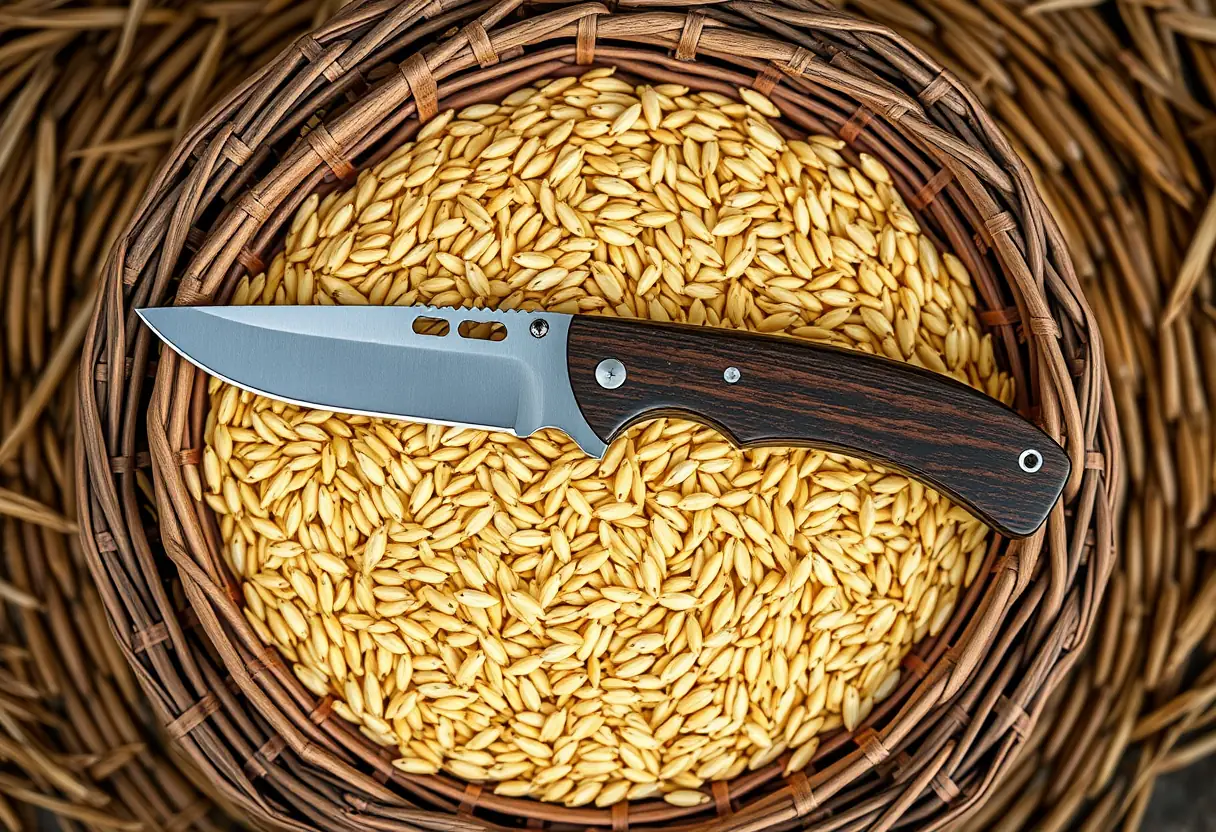 Couteau karambit posé sur un panier de riz frais