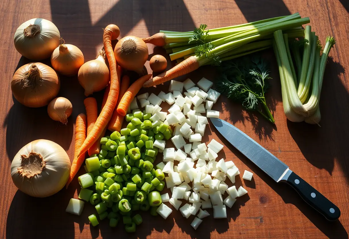 Tableau d'ingrédients variés sur une table en bois prêts à être coupés avec un couteau de cuisine
