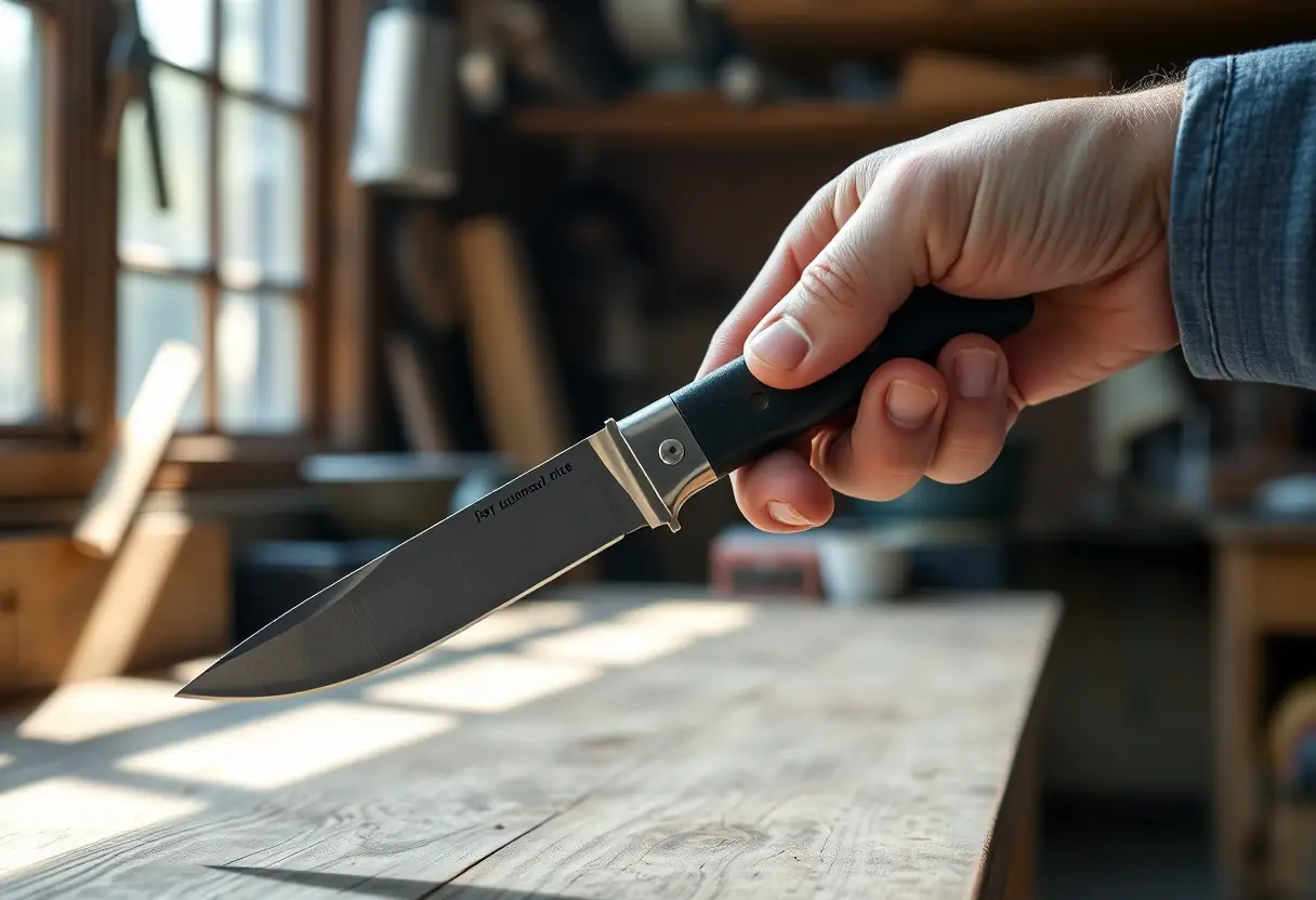 Une main tenant un couteau automatique dans un atelier bien éclairé