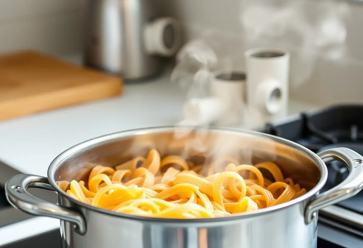 Un pot en aluminium de 8 litres rempli de pâtes qui mijotent