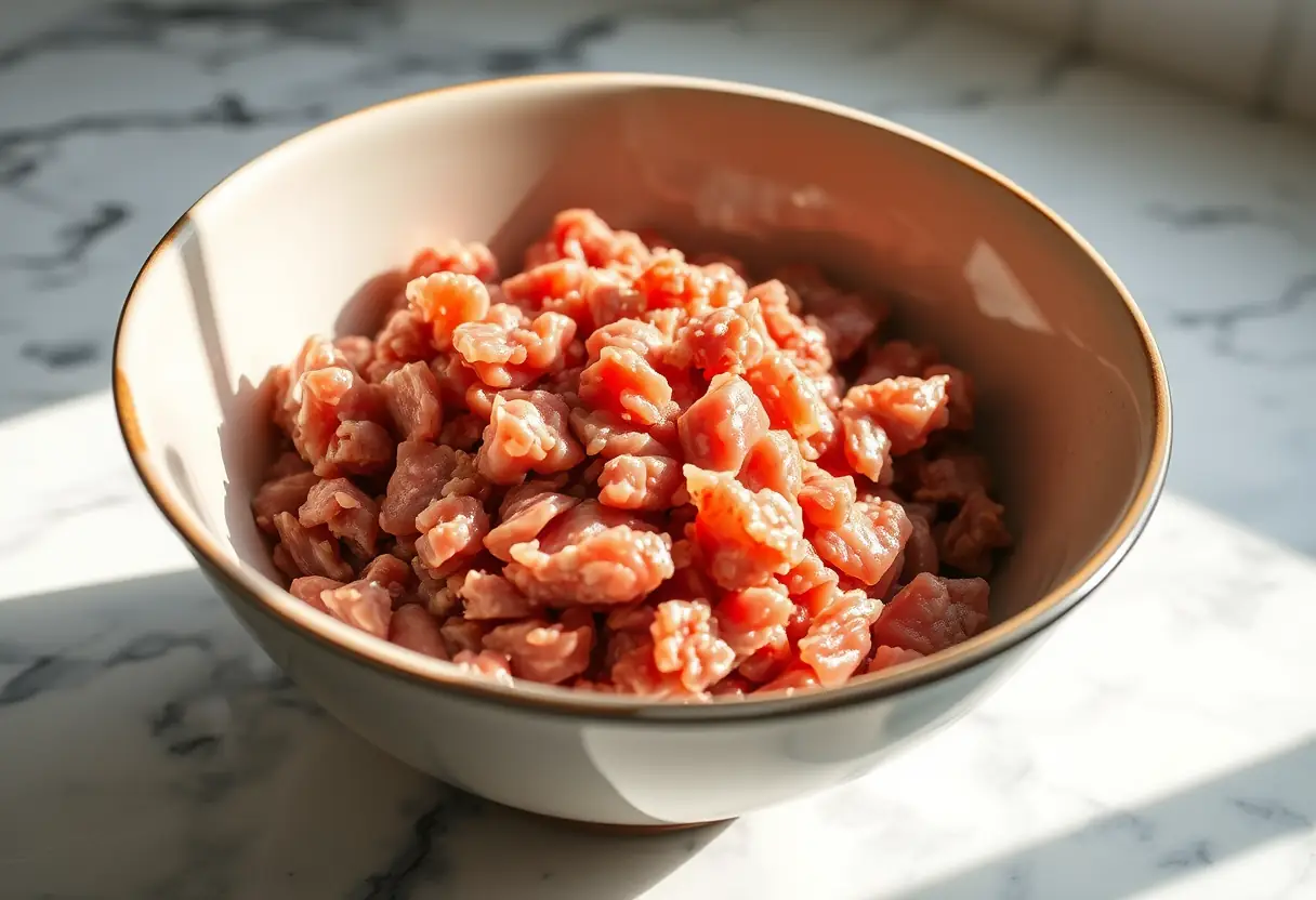 Bol contenant de la viande hachée sur un plan de marbre